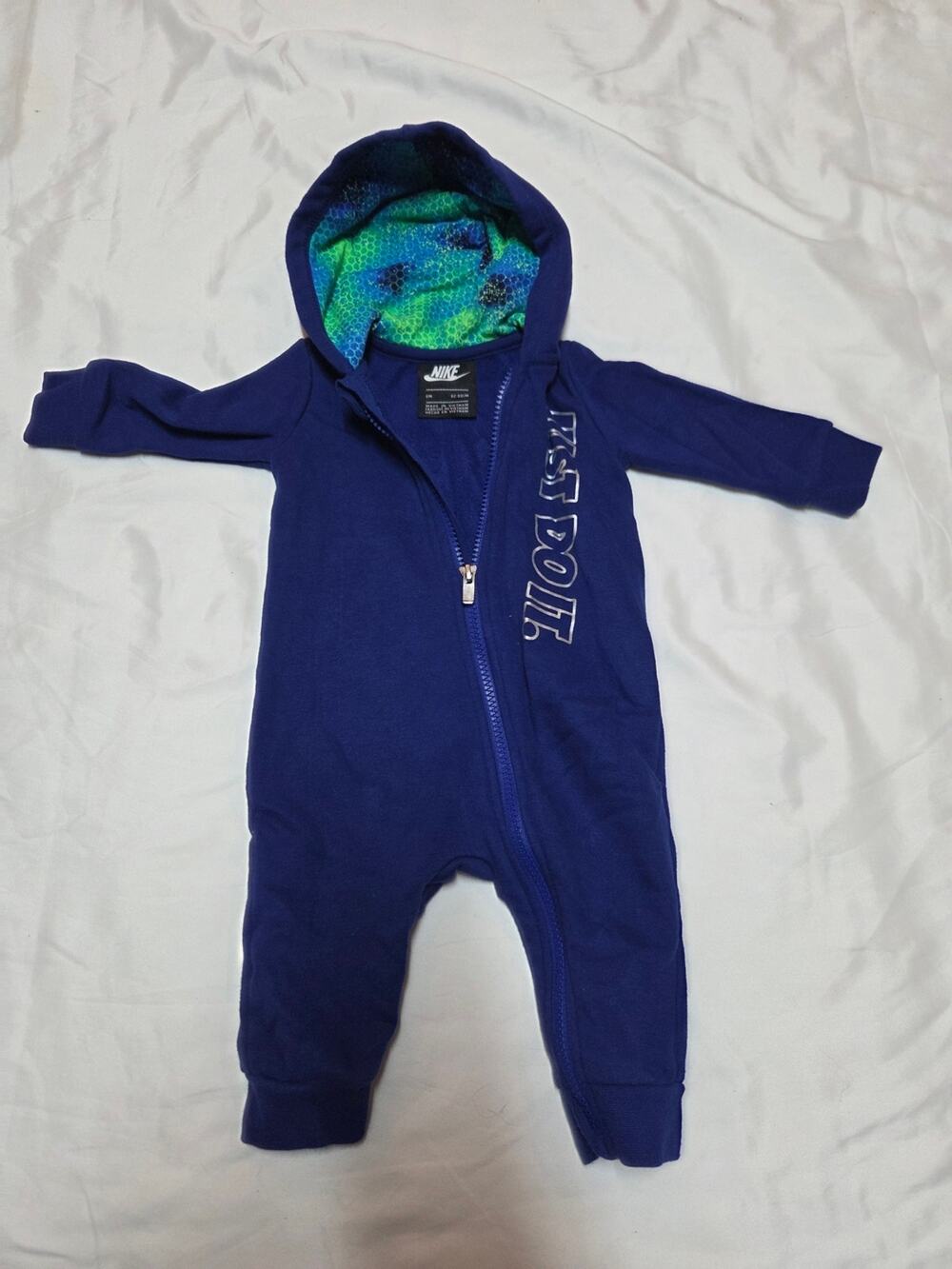 Nike Blue Hooded Baby One-Piece with Green Lined Hood